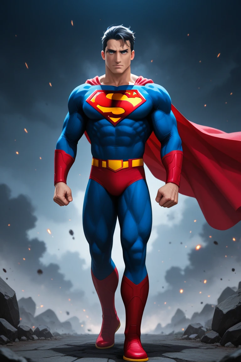 a classic superman, comic style, muscular male superhero, chiseled jawline, piercing blue eyes, short dark hair, heroic pose, red and blue costume, flowing cape, powerful stance, bold comic book colors, dynamic action, cinematic lighting, detailed texture, hyper-realistic, (best quality,4k,8k,highres,masterpiece:1.2),ultra-detailed,(realistic,photorealistic,photo-realistic:1.37),dynamic action,cinematic lighting,vibrant colors