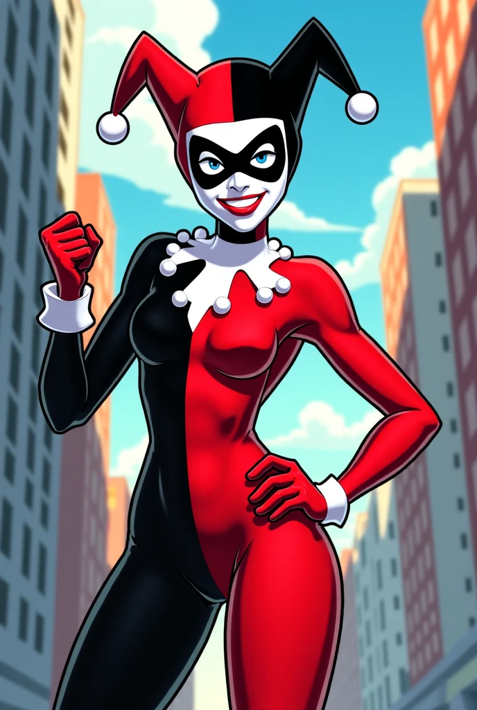 HarleyWaifu shooting a gun:1), (blue eyes, mask, domino mask, hat, bodysuit, jester cap, makeup, facepaint, gloves), (makeup), curvy, looking at viewer, evil smile, :D, leaning forward, cute pose, from below, (detailed landscape, bank, moeny, dollars:1.2), (background:1), (dynamic_angle:1.2), (dynamic_pose:1.2), (rule of third_composition:1.3), (dynamic_perspective:1.2), (dynamic_Line_of_action:1.2), solo, wide shot, (masterpiece:1.2), (best quality, highest quality), (ultra detailed), (8k, 4k, intricate),(full-body-shot:1), (Cowboy-shot:1.2), (50mm), (highly detailed:1.2),(detailed face:1.2), detailed_eyes,(gradients),(ambient light:1.3),(cinematic composition:1.3),(HDR:1),Accent Lighting,extremely detailed,original, highres,(perfect_anatomy:1.2),