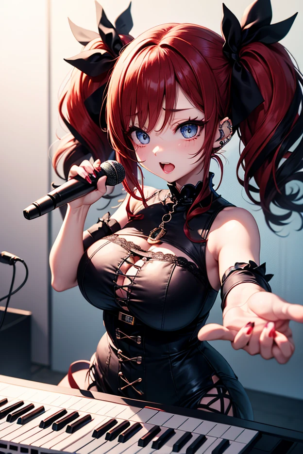 idol, 1girl, ((mature)), (huge breasts), adult woman, masterpiece, absurd, dressed as a j-idol, delicate colors, illustration, bright colors, beautiful, red eye, red hair, hair over one eye, short hair, live stage