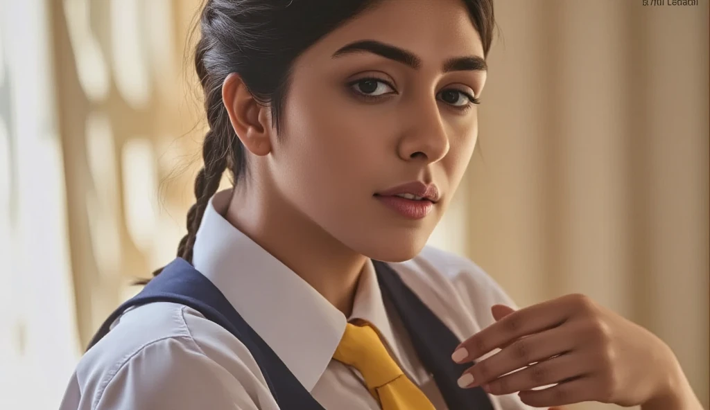 1girl, matured female, vest, bow, photo, realistic, best quality, hires, detailed face, office, buildings from window, detailed background, diffused sunlight, depth of field, bokeh, a indian girl name " Khushi"  wear on T-shirt.