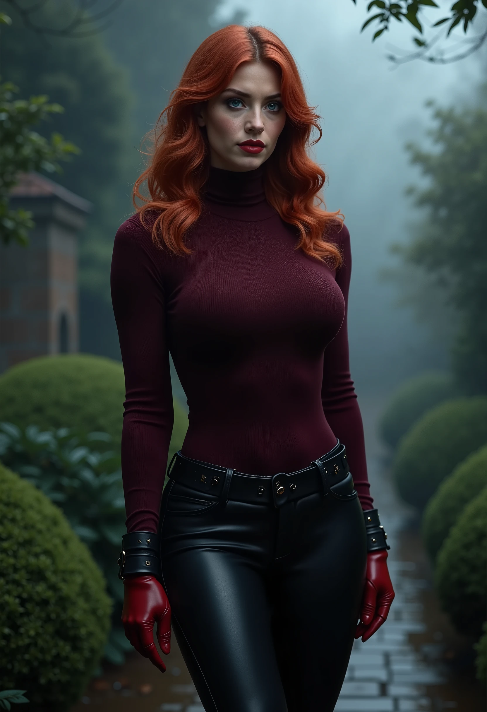 full body beautiful sensual sexy cool 25 year old woman with slightly parted lips muscular body red wavy long hair emerald green eyes, white skin, red lips, round face full red lips high arched eyebrows thin waist long shapely legs full breasts wide shoulders tight black leather riding breeches black leather riding boots dark burgundy turtleneck sweater red riding gloves nighttime english garden fog dark shadows