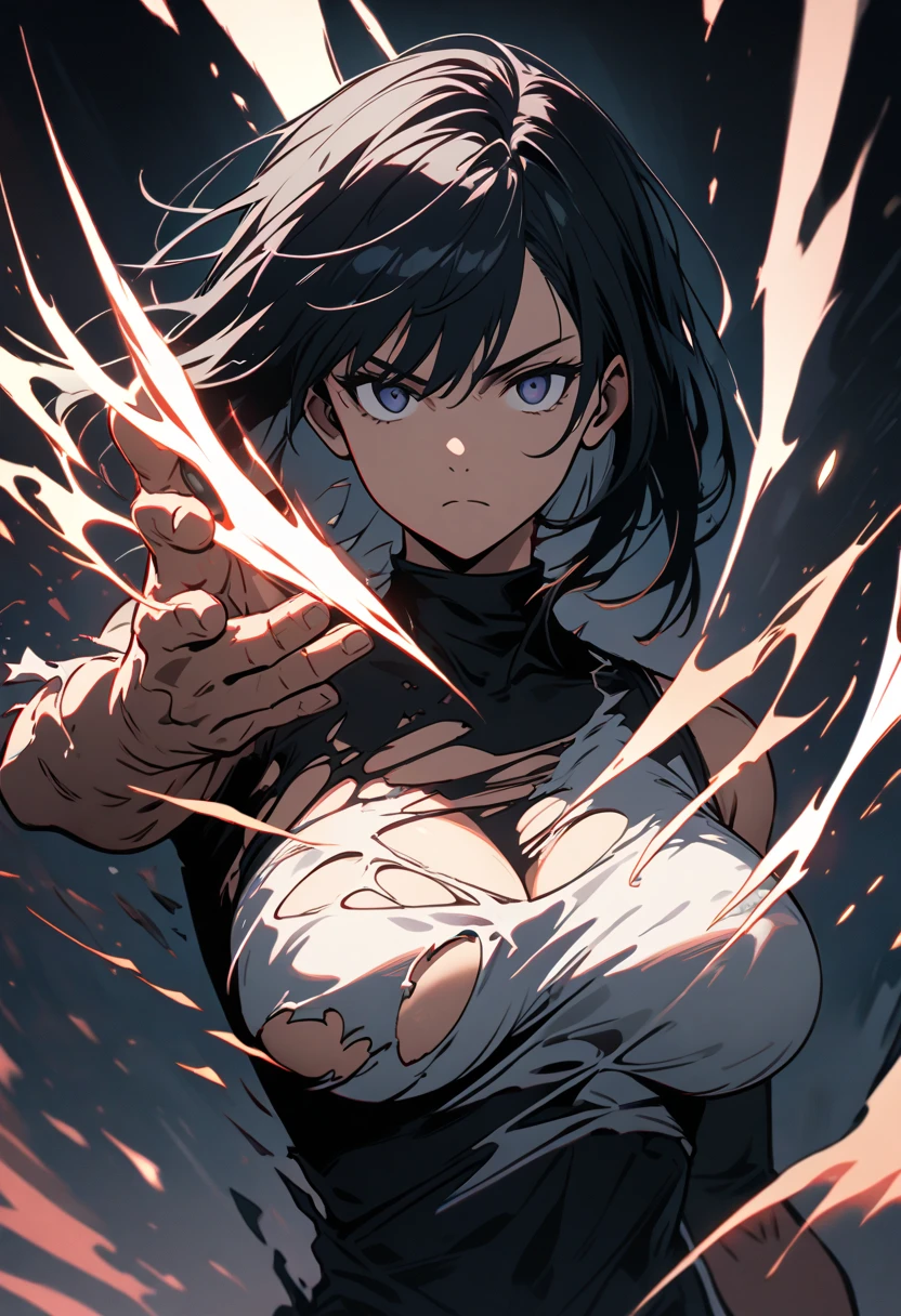 Illustration, Rukia Kuchiki, Bleach, anime girl, short black hair (spiky, and with a few loose strands), determined expression (with a hint of intensity), Shinigami uniform (detailed, intricate, and worn), large breasts (32B, firm, and perky), athletic build (lean, and with a subtle six-pack), smooth skin (porcelain-like complexion, with a subtle sheen), toned arms (muscular, and with a few scars), intricate details (dainty fingers, with a few scratches), dynamic pose (leaping forward, with her Zanpakuto deployed), dramatic lighting (high-contrast, with a cool glow), 4k, high resolution, ultra high resolution, intricate detail, detailed texture, intense atmosphere, solo character, single figure