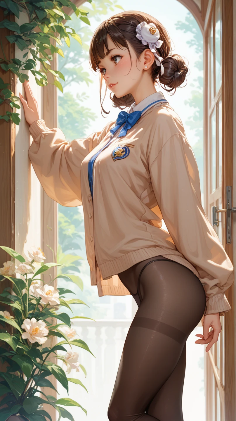 The back of a girl standing by the window in the night，Wears a yellow long-sleeved blouse，white pantie，