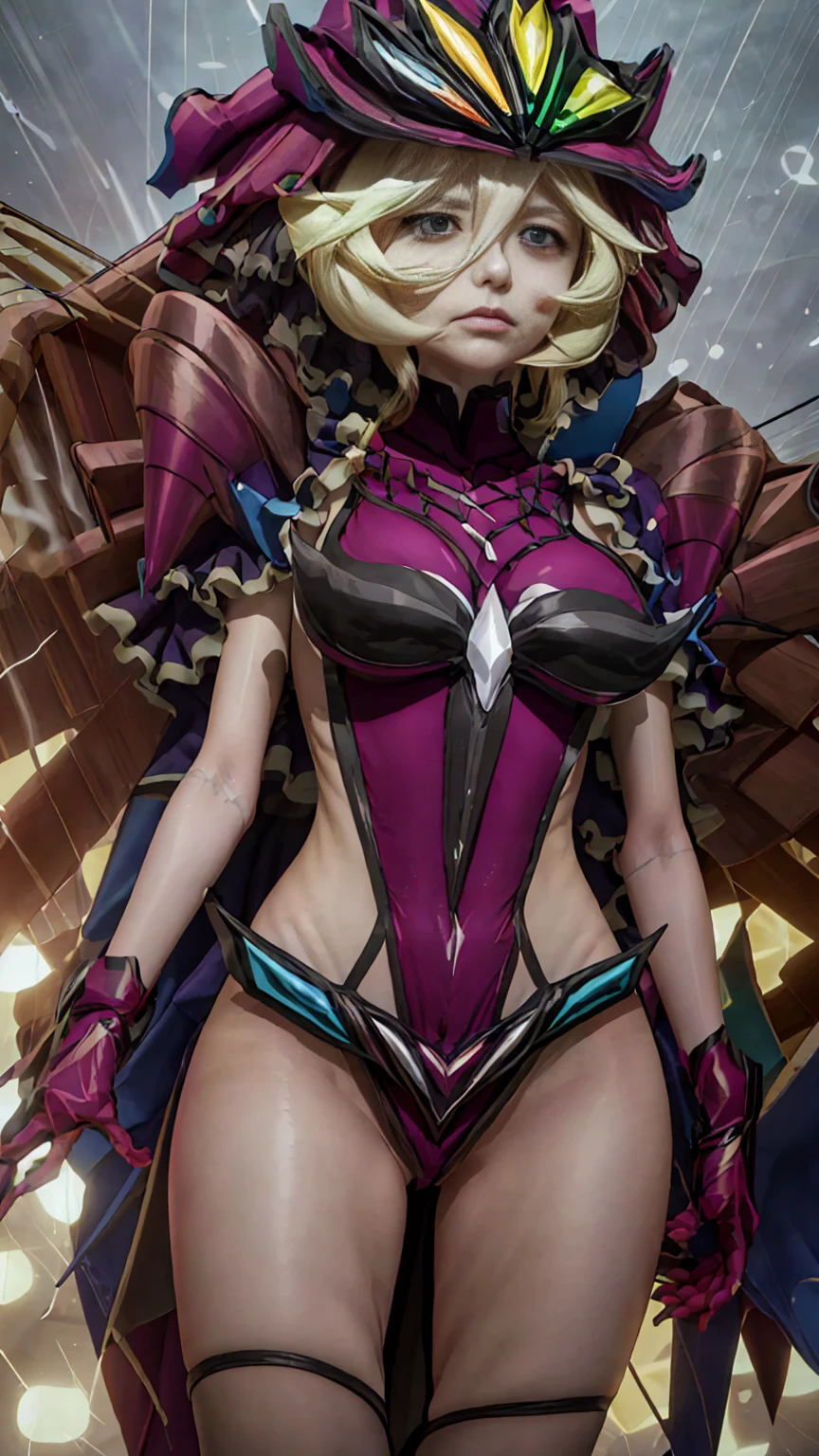 masterpiece, best quality, ultra-detailed, faye, harrieroutfit, smiling, solo, 8k resolution, gorgeous, hourglass figure, close-up, absurdres, cowboy shot, hazel eyes, happy, 2legs, thick thighs, wide hips, huge breasts, electricity covering body, lightning, surrounded by electricity
