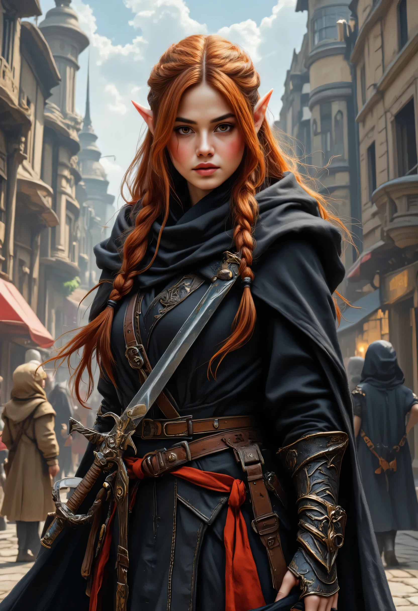 a picture of a female elf, fantasy swashbuckler, fantasy fencer, armed with a slim sword, shinning sword, magical sword, metallic shine, colorful clothes, full body, epic beautiful female elf, red hair, braided hair, small pointed ears, wearing  black cloak, long cloak, wearing elven leather armor, colorful armor, sense of daring, sense of adventure fantasy street, high details, best quality, 16k, [ultra detailed], masterpiece, best quality, (extremely detailed), dynamic angle, ultra wide shot, photorealistic, RAW, fantasy art, realistic art,((best quality)), ((masterpiece)), (detailed), perfect face, fantasy, Digital painting style, brushstrokes