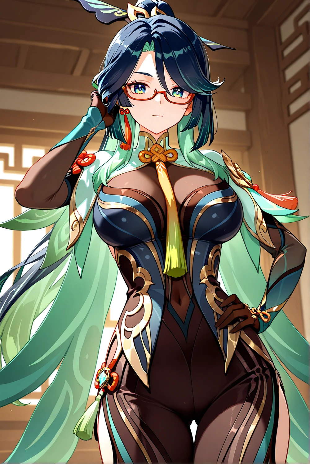 Masterpiece, high quality, 8k, ultra detail, 1 girl, (dynamic poses), ((xianyun, very long hair, ponytail, hair ornament, semi-rimless eyewear, earrings)), standing, ((huge breast)), smile,