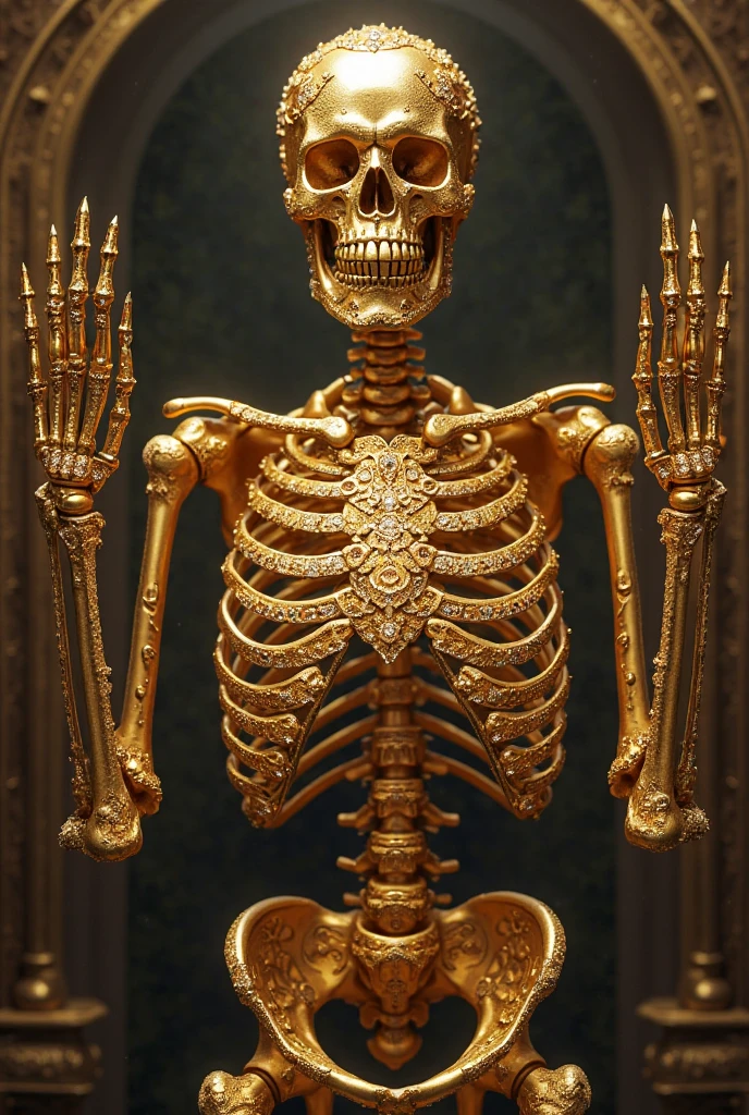 ((Best resolution)), ((high quality:1.2)), 8k, extremely detailed, ((High detail:1.2)), gold skeleton with rubies,