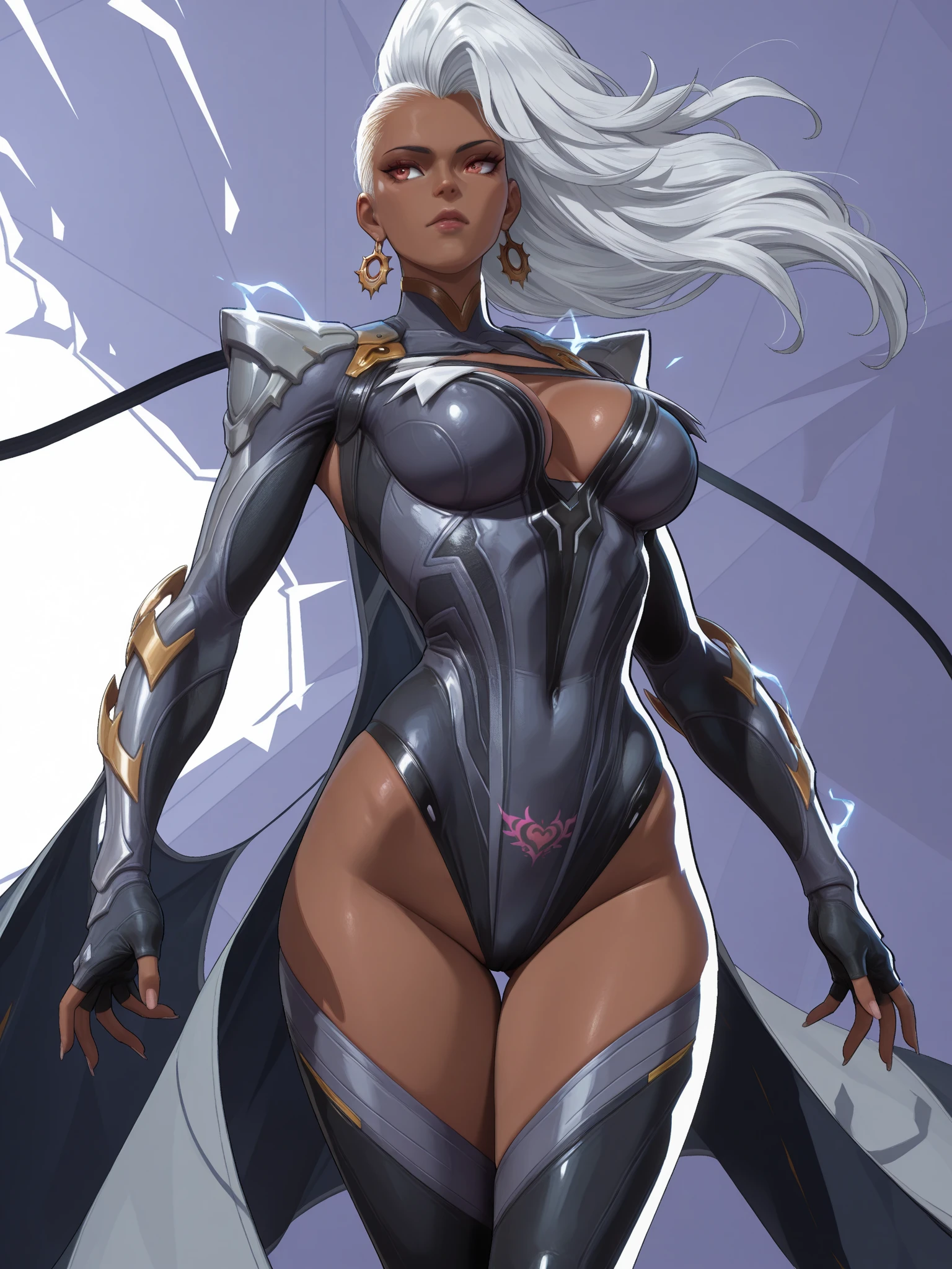 Warrior witch, (((masterpiece))), (((best quality))), ((8k)), ((ultra-detailed)), (1 dark-skinned human woman: 1.2), (white hair 1,3), (((Heterochromia, in the eyes, red and yellow: 1,2))), (standing), full body, sexy body, (tight black bodysuit: 1.2, gold lines), (leather belt and high boots: 1.2), (bracelet, earring, gold accessories), wallpaper, pinterest, (((Official art, masterpiece, ultra-detailed))), (((best quality: 1.2, intricate details, ultra-high resolution: 1.2))), model photo, (subtle cleavage), Fantasy Art, (Fantasyart), sexy body, big breasts, witch iteis, front photo, cinematic photo, natural light, wallpaper, pinterest, badass image, perfect photo, volumetric lighting