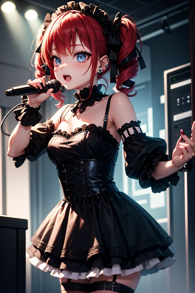 idol, 1girl, ((mature)), (huge breasts), adult woman, masterpiece, absurd, dressed as a j-idol, delicate colors, illustration, bright colors, beautiful, red eye, red hair, hair over one eye, short hair, live stage