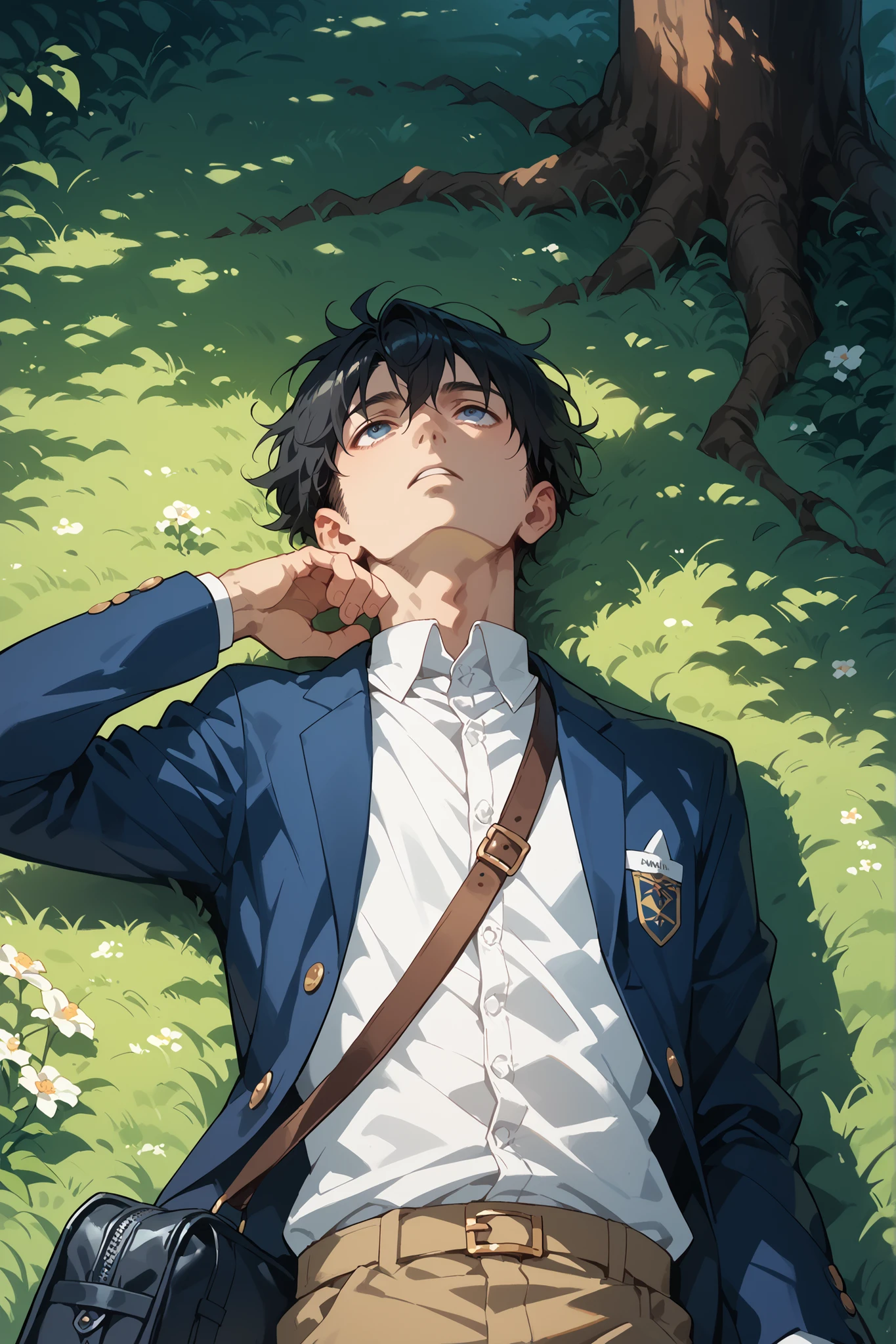 high quality, masterpiece, anime style, 1boy, solo, innocent and ordinary boy, black hair, wearing highschool uniform with white shirt and blue blazer, laying on grass, calm expression, look up, sunny day, windy weather, tree shadows, schoolbag