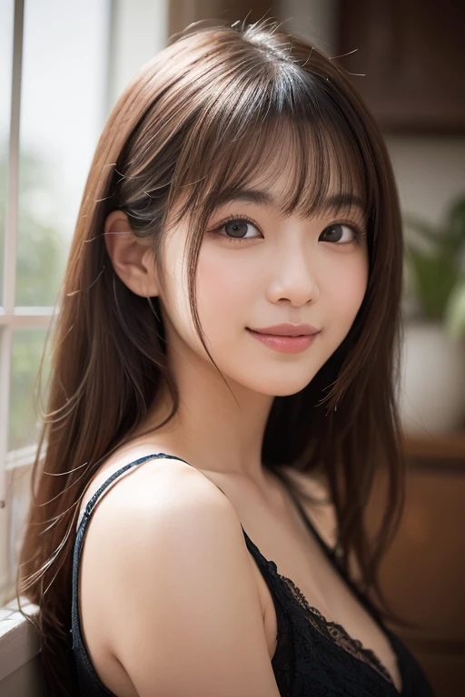 masterpiece, best quality, ultra-detailed, intricately detailed hyperdetailed, realistic, sharp features, highly detailed, sharp focus, perfect face, perfect face, perfect symmetrically perfect eyes, perfect full lips, flexible female form, cinematic, film light, hyper detailed, hyper realistic, high resolution, (smile:1.2), (happy), light brown hair, asymmetrical hair, asymmetrical bangs, messy hair, attractive pose, skinny gravure idol, gravure idol, face close up, (wearing clothes:1.3), natural lighting, 