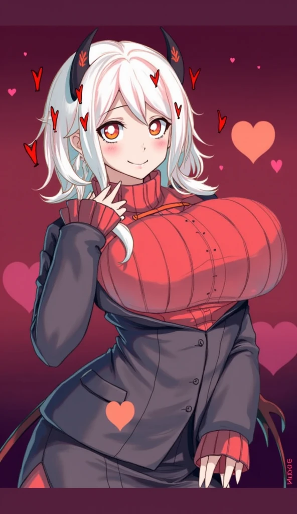masterpiece, best quality, modeus(helltaker), drooling, formal, black horns, large breasts, open mouth, simple background, red eyes, long sleeves, symbol-shaped pupils, upper body, solo, sweater, white hair, black suit, ribbed sweater, blush, turtleneck, 1girl, heart, jacket, demon horns, horns, heart-shaped pupils, red sweater, red background, looking at viewer, own hands together, suit, demon girl, bloated belly, massive round belly, full belly
