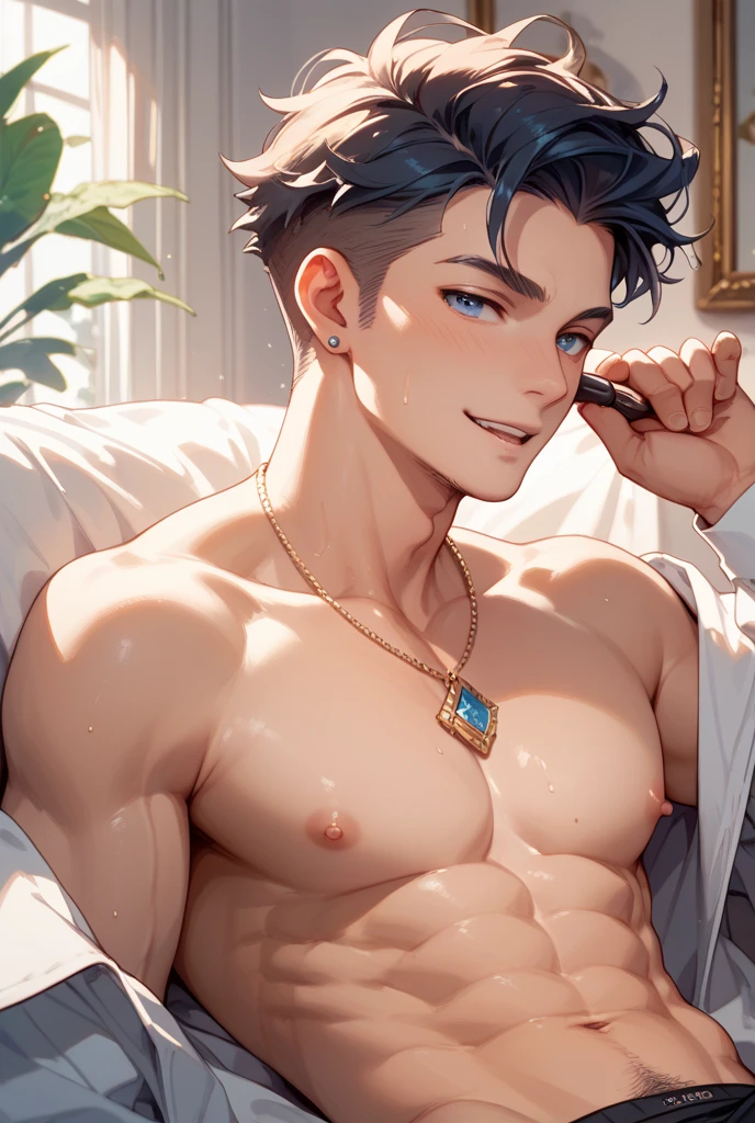 anime boy lying on the bed with rose petals, wet body, bed, without any clothing except underwear, high quality fanart, hot expression, Beast, at pixiv, official fanart, pixiv, detailed fanart, relaxing, levi ackerman, in in the bedroom, relaxing environment, relaxing mood, by Shingei, anime asthetic, relaxing concept art, wet anime boy, with rose petals on the bed, beautiful atmosphere, hot anime boy, cute, beautiful body art, hot pose, beautiful, pretty face, cute pretty face, big cute eyes, beautiful expression
