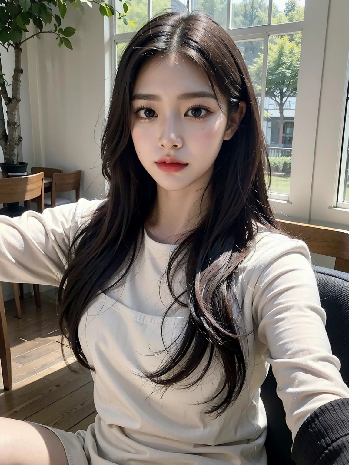 ((top-quality、8k、​masterpiece:1.3))、Beautiful woman with perfect body:1.4、slim abdomen:1.2、Longhair, normal breast, Highly detailed facial and skin texture, A detailed eye, delicate eyes, double eyelid, (smile), (full body shot), ((in the car 1.1)), ((sitting in the car)), ((wearing white uniform)), looking in front