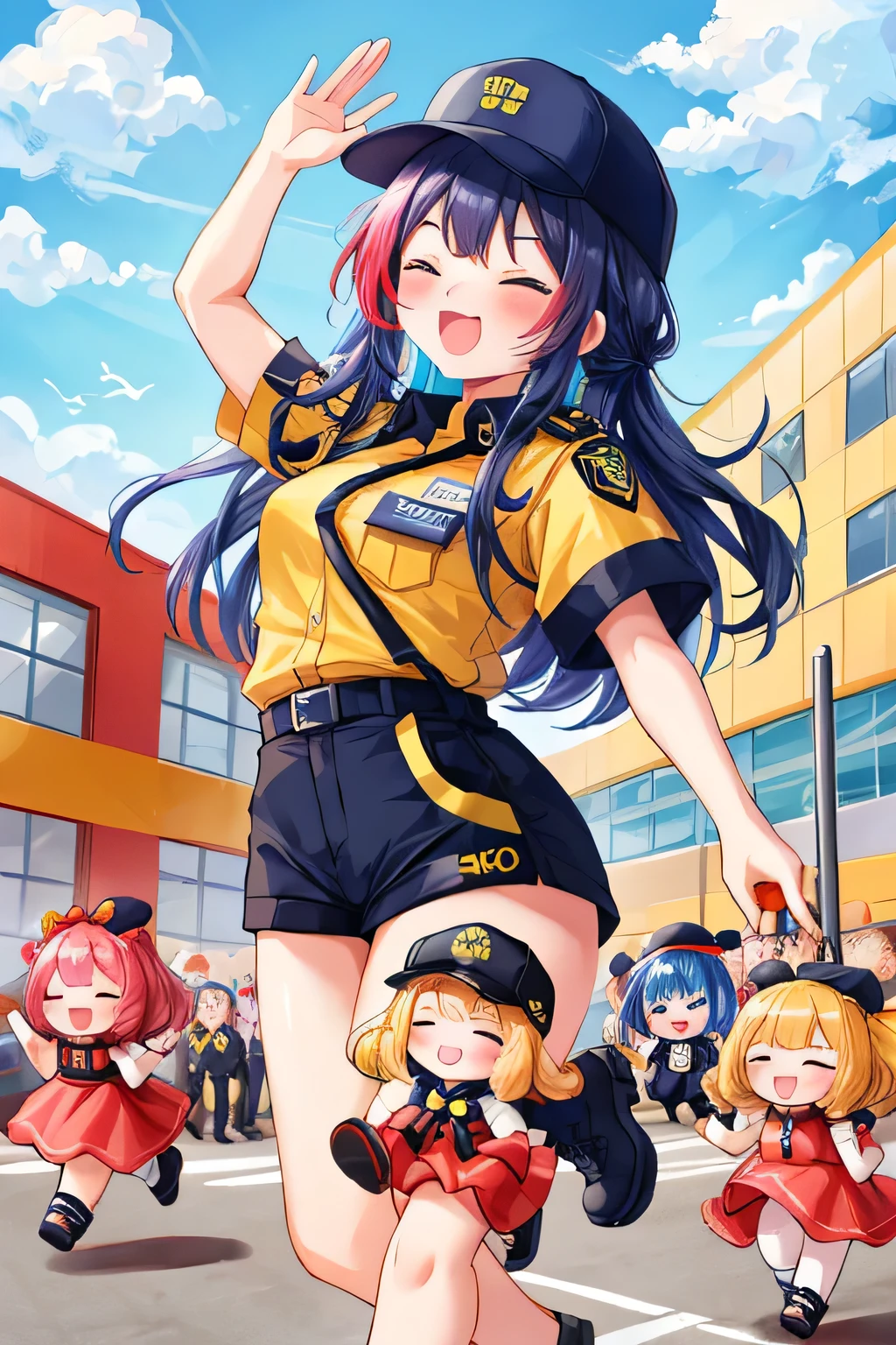 kawaii style, playful chaos, one girl wearing security guard uniform, > <, closed eyes, a mischievous parade of tiny living dolls, dosen of living dolls marching in factory, dynamic poses, group movement, vibrant colors, (best quality, ultra detailed, high-res, 8K),