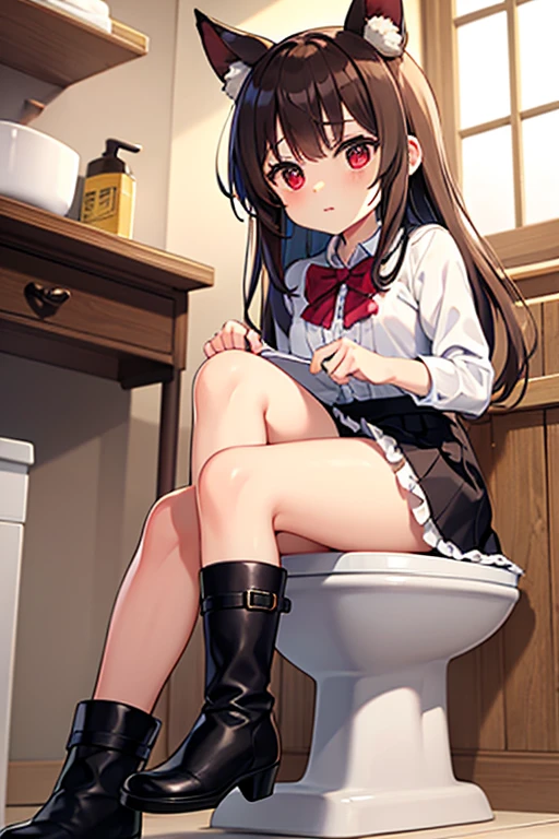 masterpiece, Best quality, 1 girl, hu tao (Genshin Impact), It has, Red eyes, ponytail, Brown hair, One, pupils in the form of symbols, long hair,bang, Formal attire , chinese dress, sexy hips, sits on the toilet, poops, diarrhoea, side view