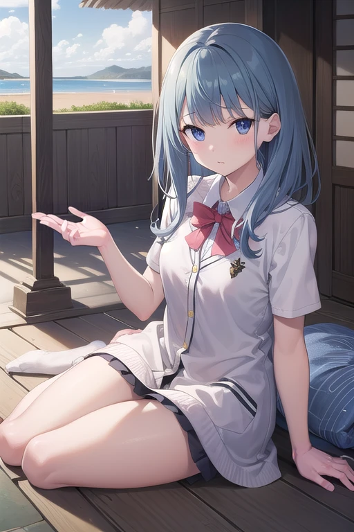 ((日本人のgirl1人、aldult)), ( petite)), Loose and fluffy wave、masterpiece, 最high quality, high quality, Highly detailed 8K wallpaper,riverbank、promenade、Blue hair、White feather hair ornament、summer、intense heat、heavy breathing、Breathing、Sweat、cute girls、Cute naked apron、Kappogi、ruffle apron、dynamic pose、Grab your apron and lift it up、(thin、small mouth、kissing face)、small breasts、waiting for a kiss、No correction、(girl、Classmate、squid belly、Kappogi)、(No underwear)、slightly bigger breasts、(激しいSweat)、(female primary school student、Cute Armpits、Before menarche、cute thighs、T-back)、(mini skirt:0.7)、(embarrassed face、grinning face)、(On a date、Sit on playground equipment)、(slouch)、Life-size、in front of the camera、Hold on one knee、Skirt flipping、breeze