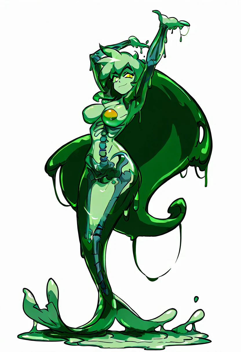 Slime, (monster girl), green slime with darker green, dripping with yellow ooze, clothed, masterpiece, best quality
