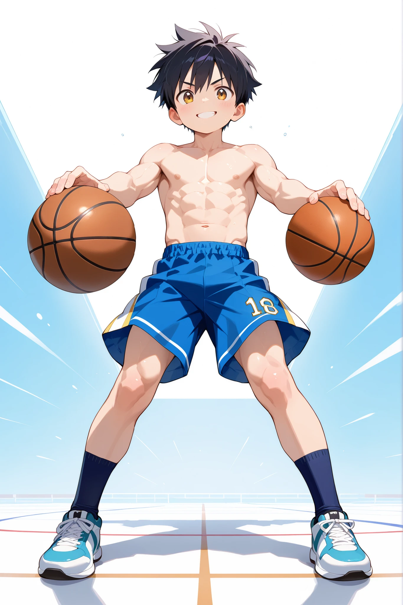 masterpiece, best quality, Ultra High Resolution, anime style, male focus, Basketball match, japanese boy, high school students, Dumping, Dynamic Capture, very handsome, Perfect Face, Cute Face, Clear and beautiful detailed eyes, black short hair, Shiny Hair, topless, Detailed skin, perfect hands, Good anatomy, perfect body, Slim body and muscles, Smile, Soft Light, full body, 8k resolution,