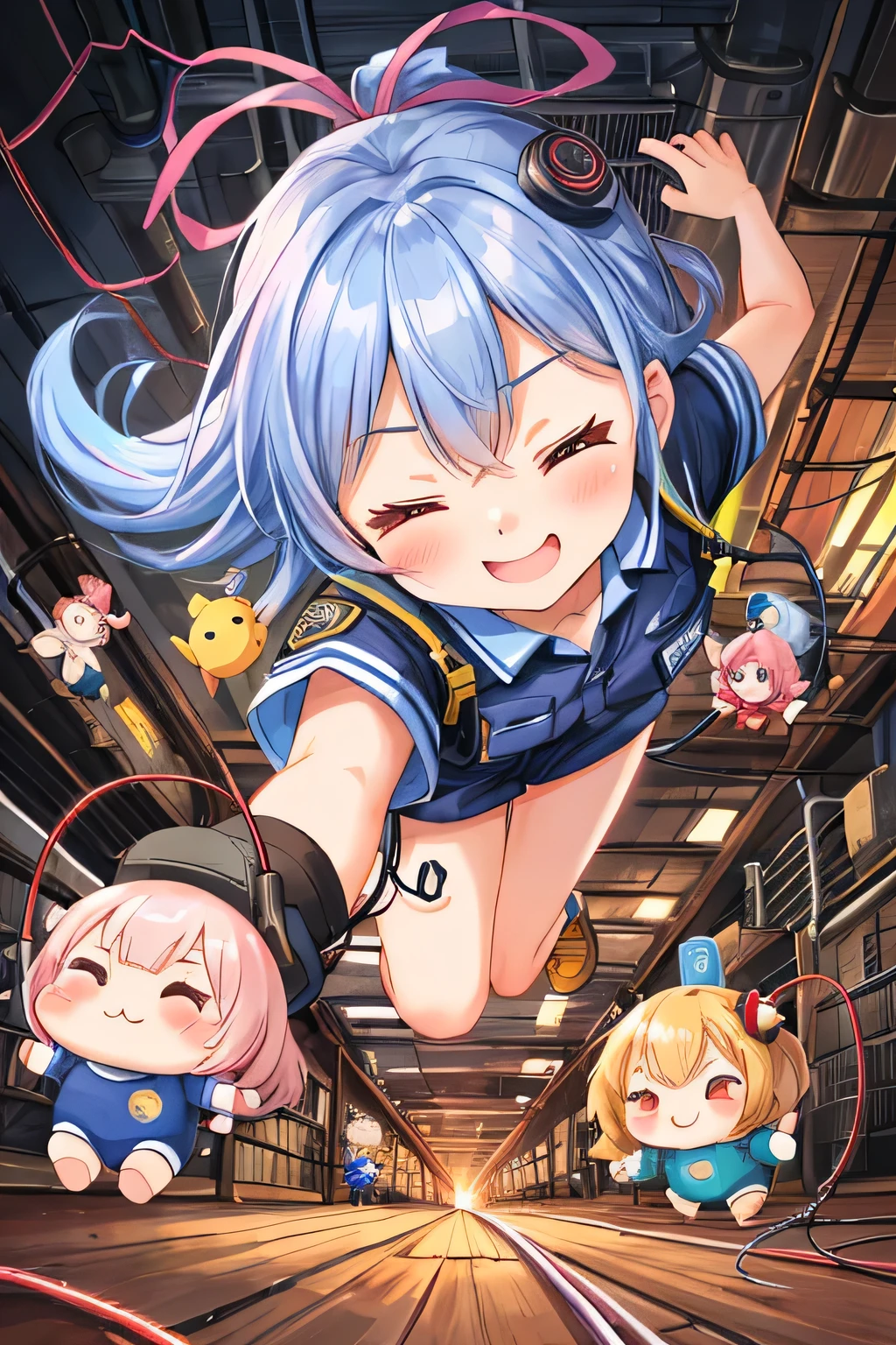 kawaii style, playful chaos, a cute troubled girl wearing a security guard uniform, confused expression, > < face, closed eyes, surrounded by dozens of tiny living dolls, cute animated dolls climbing, jumping, running, pulling wires, small toys with button eyes and stitched smiles, tiny wooden or fabric bodies, lively and mischievous, group movement, chaotic factory corridor, industrial background, scattered tools and wires, cinematic low angle, soft lighting, vibrant pastel colors, (best quality, ultra detailed, high-res, 8K)