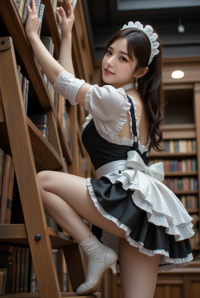 A woman wearing a revealing white skirt and pink maid outfit, white stockings, and a tight corset, Show off your huge curves, twin tail hairstyle, very beautiful. she starts showing off playfully,shorts sticking out、 enjoy the attention. she is facing the viewer, smile happily, legs spread、 masterpiece, highest resolution, quality, detailed, sharply focused, Waiting for professional image to start
