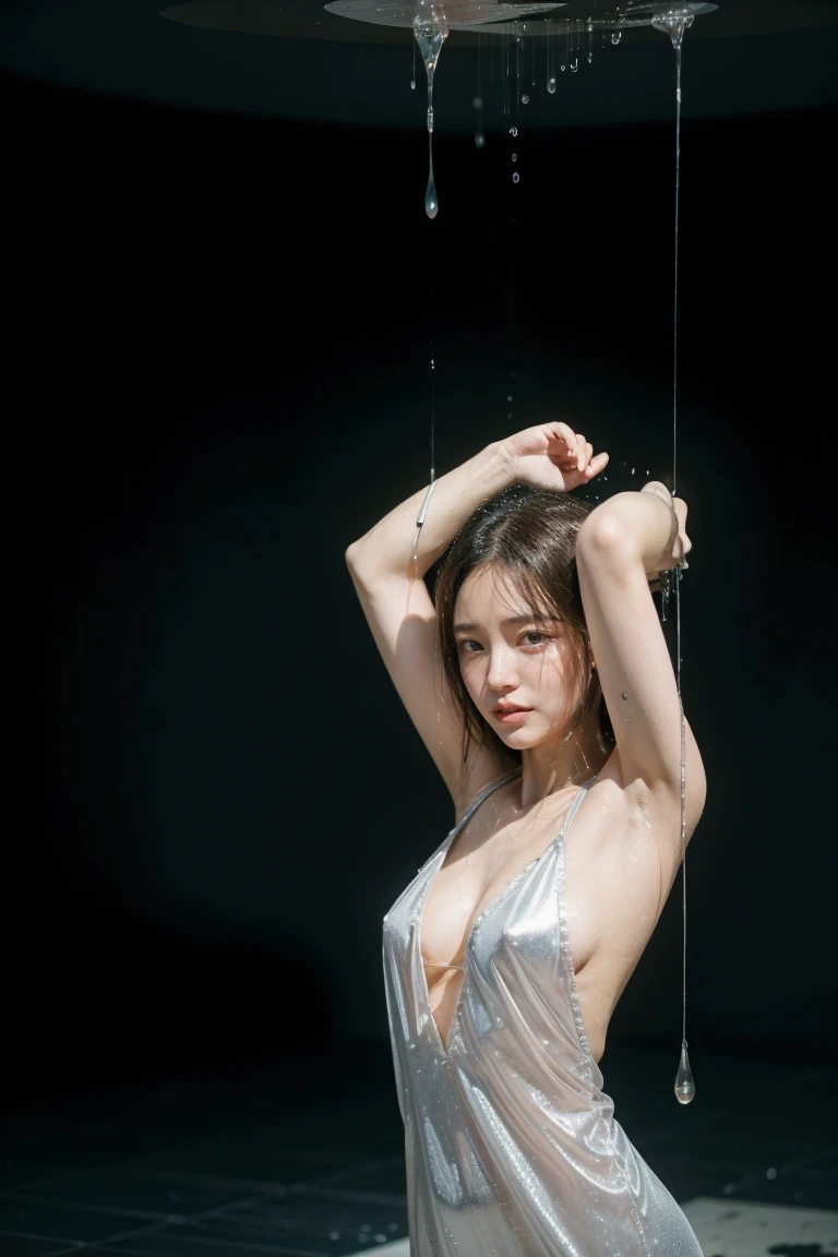 (photorealistic), (masterpiece), (best quality), high detailed, Beautiful 25yo woman, kpop idol, glamour, lux lose dress, facing away, talking with someone, ((sit on luxurious sofa)), (((tying  hair))), ((bun hair)), (sweaty:1.2), showing armpit, hairy armpit:0.6, luxurious living room, beautiful hi-res photography, soft lightning, deep shadow, dark background, medium shot