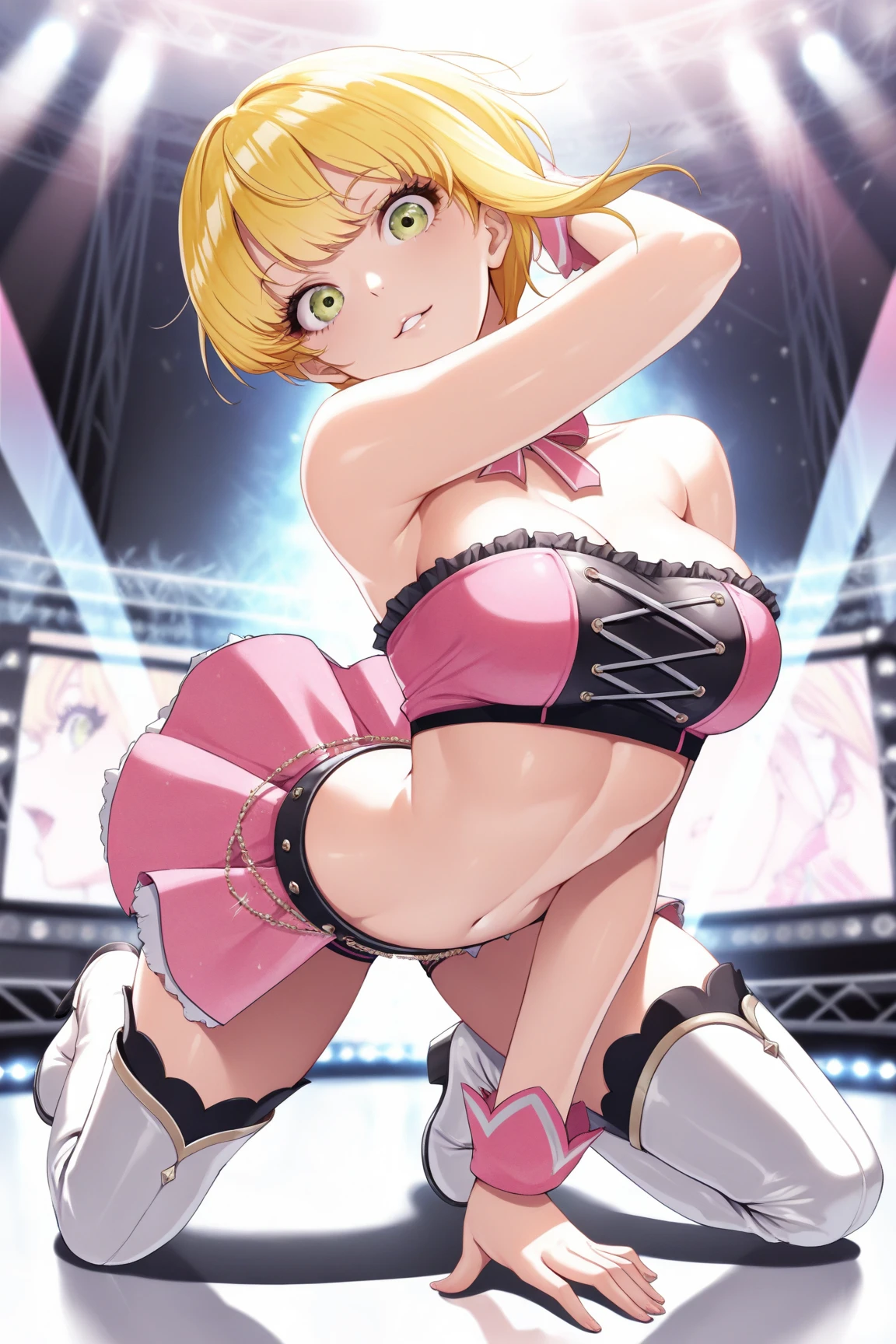 ((Masterpiece)), perfect anatomy, perfect shading, field of depth, (best quality), extremely delicate and beautiful, perfect lighting, detailed face, ultra cute face, cute, full body, (((1girl))), (((solo))),
singer idol, short hair, fluffy hair, pink hair, hair decoration, green eyes, (((blush))), smile, (laced leather crop top 1.2), short fluffy skirt, thigh highs, arm warmers, choker, extremely tight clothes, medium breasts, cleavage, perky breasts, wide hips, (thick thighs)
stage, neon lights, intricate background, detailed background, holding a mic,