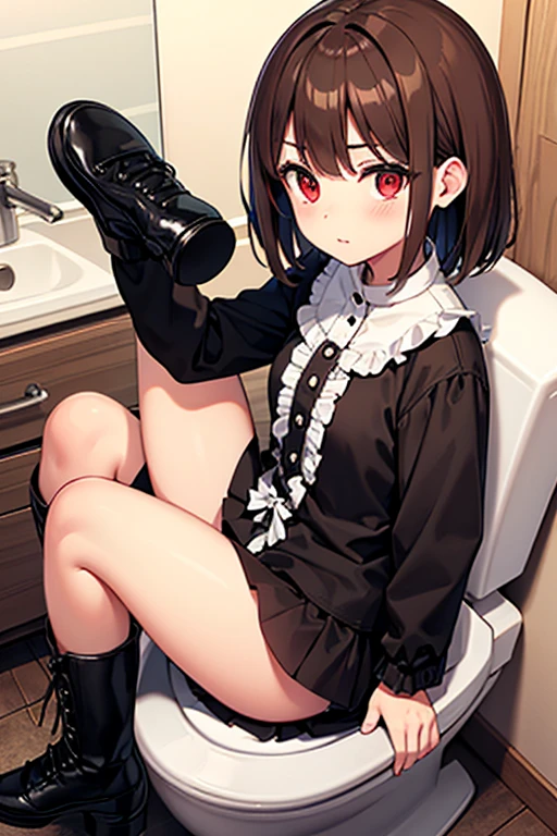 masterpiece, (1 girl) Best quality, Modeus (helltaker), (demon tail), red ribbed sweater,High neck, black skirt, Black jacket, Red eyes, (((White hair))),Medium short hair, pipes, hearts, (heart-shaped pupils), tights, black mid-calf stockings, sexy hips, sits on the toilet, poops, diarrhoea