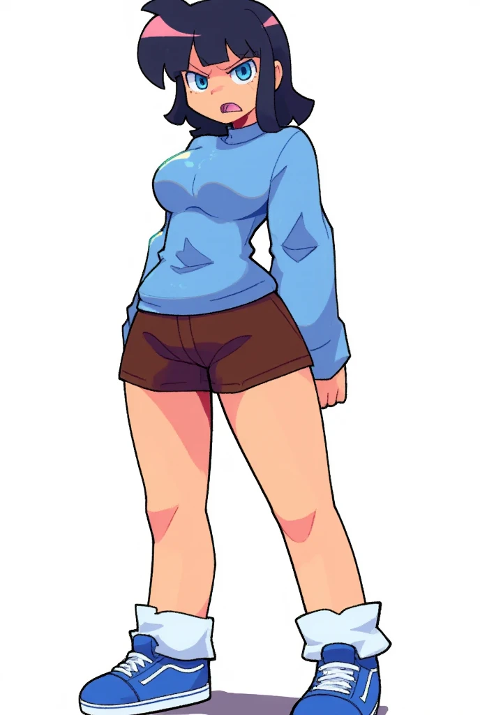 Girl, full body picture, thick thighs, hourglass figure, Short curly half baby blue and half black hair, has heterochromia, has vitiligo, freckles, septum piercing, medium tits, wearing a long sleeve crop top and a pleated skirt as well as striped thigh high socks