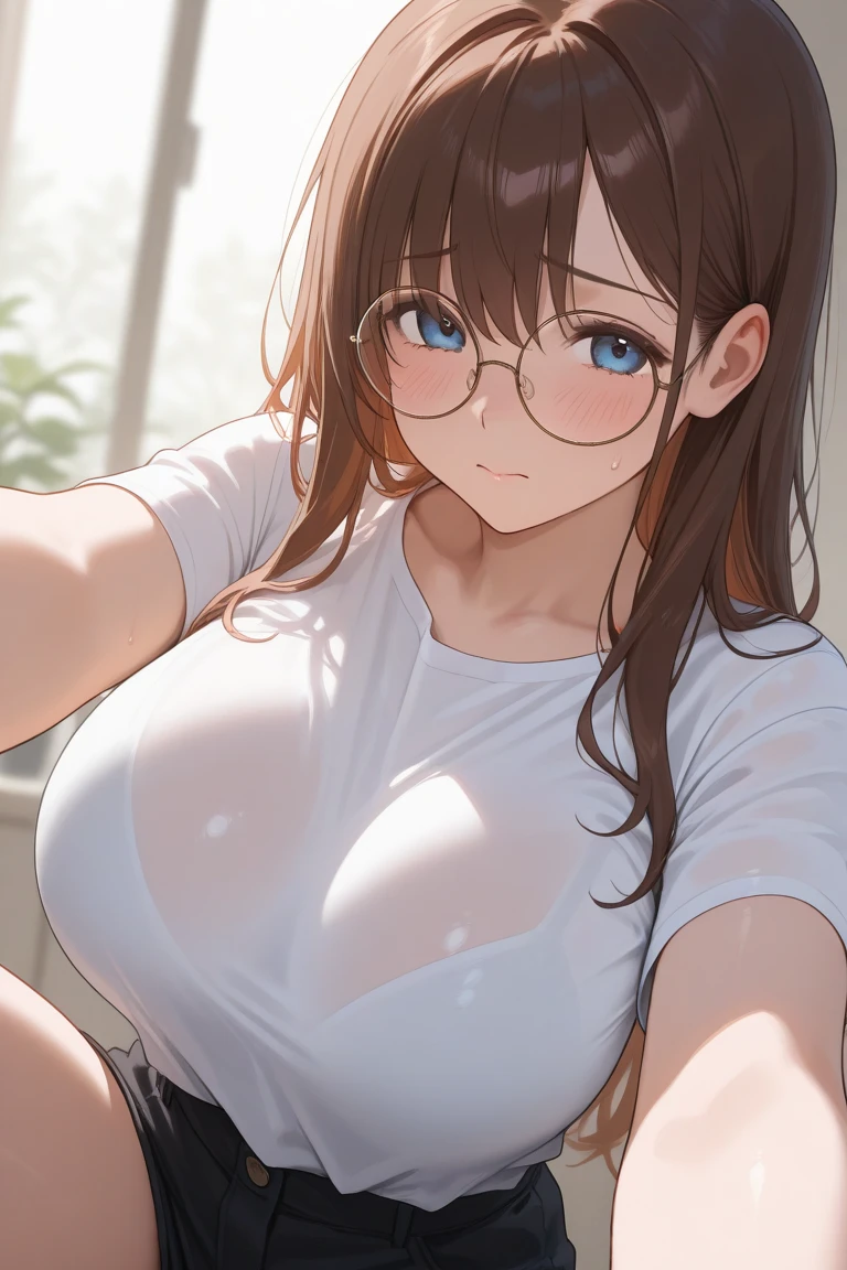 Amazing portrait of a city in night time in a modern apartment which is a high rise with a city view before the window a sexy woman stand with her hands down wearing a green shirt with long sleeves showcasing her cleavage and her collarbone wearing glasses with brown hair and purple eyes and her hair in a single braid wearing a yellow hair ornament who is a young female with beautiful fingers and beautiful long legs and a beautiful body and a beautiful nose with a beautiful character design and perfect eyes and a perfect face and expressive eyes looking at viewer who is in the center of the image showing her upper body and focusing on her face with beautiful and large breasts and a beautiful face and a narrow waist