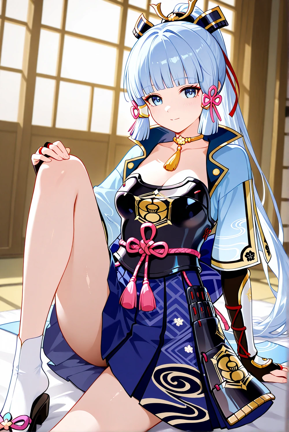 masterpiece, best quality, detailed, focus on character, (1girl:1.5), (solo:1.5), kamisato_ayaka, (short hair:1.5), (long ponytail:1.5), (high ponytail:1.5), (sidelocks:1.5), (light blue hair:1.5), (blue eyes:1.5), (japanese armor:1.5), (curvy body:1.0), (big breasts:1.5), (cowboy shot:1.5), (borrowed), (embarressed), (standing:1.5), (blush:1.5), (looking at viewer:1.5), (from below:1.5), (sketch:1.5), (sharped:1.5), (room:1.5), (hands on own chest:1.5)
