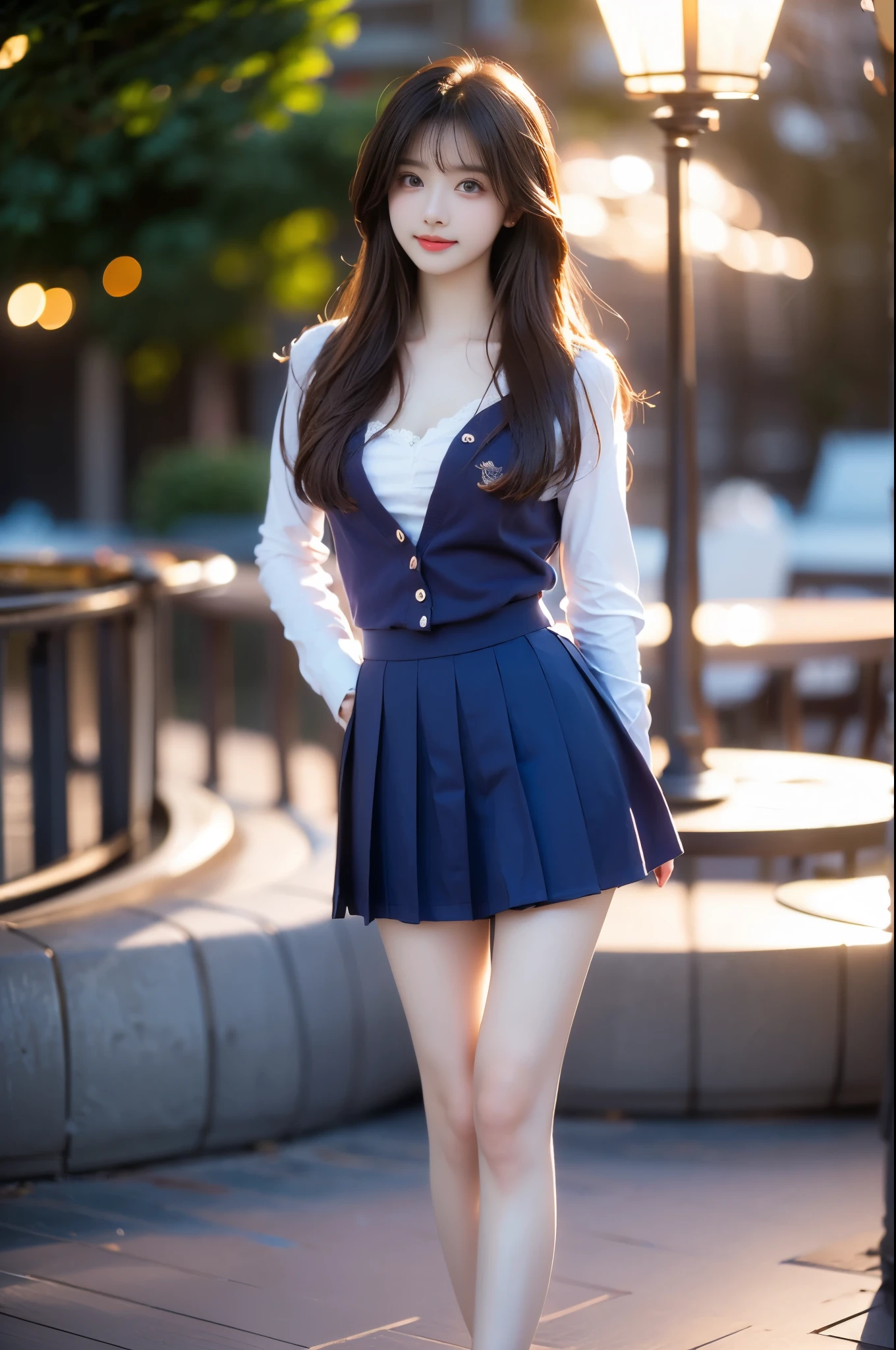 xiaofu, school uniform, ,,(Masterpiece, best quality, Super high, realistic: 1.3), realistic, beautiful young woman, (Standing posture), (Big bust, deep V-neck), (Very short hemline), (Supermodel: 1.2),  (perfect leg shape: 1.3), model pose, one leg straight in front of you, the other leg naturally bent, elegant poses, random scenes, random shooting angles, (delicate smile: 1.1), (Depth of field: 1.3) 0.8), Bokeh: 0.8), aesthetic, romantic atmosphere, soft lighting, dreamlike, cinematic lighting, beautiful, gorgeous, intricate details, sharp focus