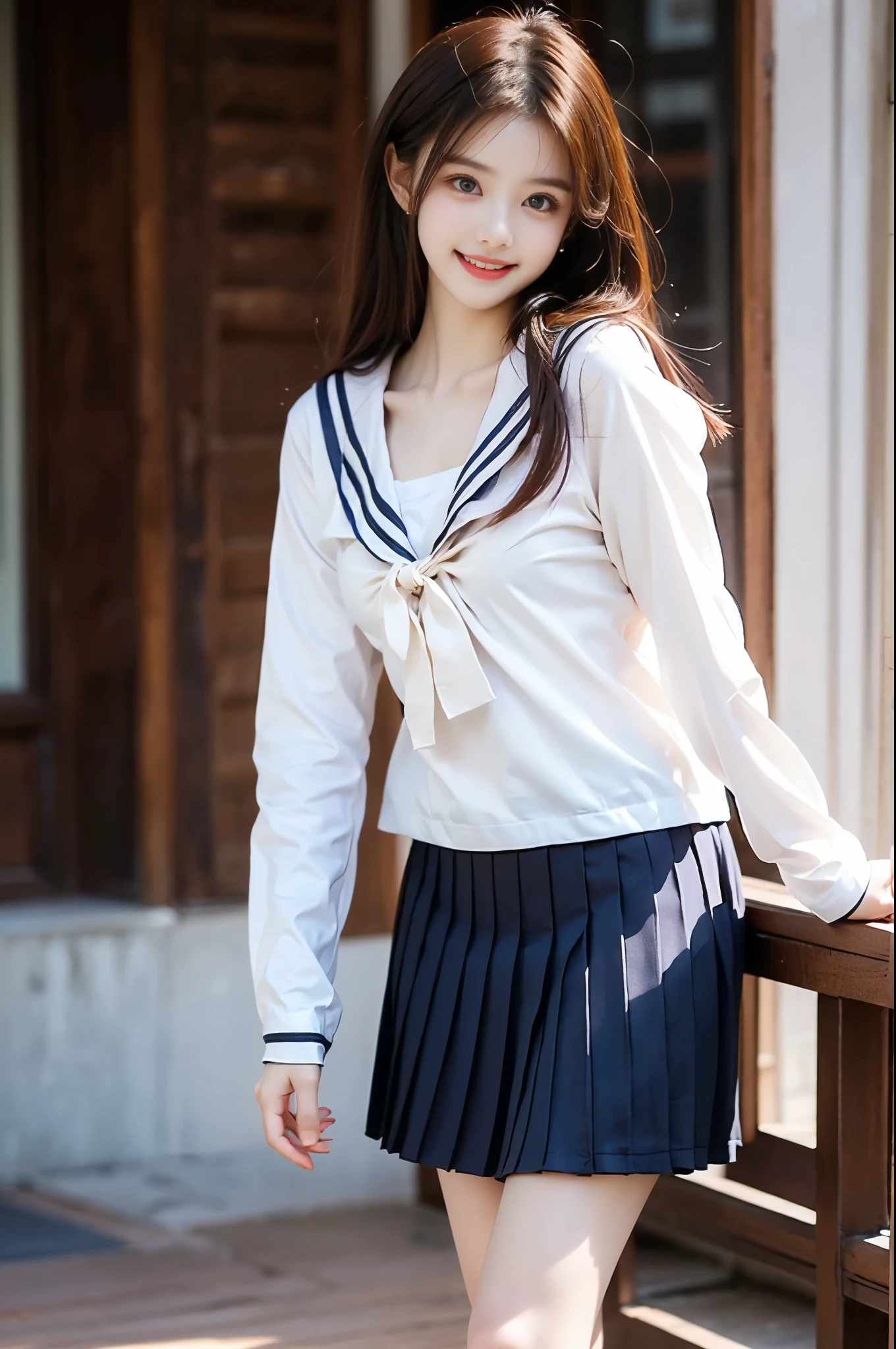 fully body photo,masutepiece, The highest image quality, High quality, the background is clear,Beautiful woman, Japanese, Detailed, Detailed eyes, Detailed skin, Beautiful skin, 超hight resolution, (reality: 1.4),Very beautiful woman, Slightly younger face, Beautiful skin, slender, (Ultra photo realsisim), (hight resolution), (8K), (Very detailed) (beautifully detailed eyes), (super detailed), (Detailed face), view the viewer, Fine details, Detailed face, Smiling, Staring straight ahead, Staring straight ahead, photos realistic, Bright lighting, Professional Lighting, Black hair, ,poneyTail,a baby face,sixteen years old,髪型はponeyTail,wear a white ribbon,ロングのponeyTailの髪型,An amusement park,natta,Enjoying dating,Angle from waist up,standing and posing,school uniform,Classroom,high School,long sleeve white shirt,Sailor suit,Navy blue plaid skirt