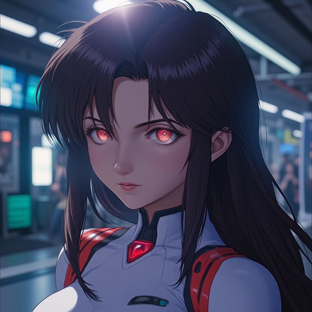 4K, A high resolution, Best quality at best, masterpiece, perfect colors, perfect shadow, perfect litthing, ((sportrait)), 1woman, fit-muscled body, face close up, bright yellow eyes, dark blue hair , blue eyes, With round lenses, detail in eyes, The audience watched carefully, (s face: 1.2), nipple bump, Perfect female figure, ((standing)), ((purple Tight crop top pink leather suit)), ((shy and looking at viewert)), (Perfect thick white eyebrows) Delicate fur, 详细s face, s the perfect face, At a fantasy industrial city , (model pose standing), energetic background, perfect city skyscape, lighting atmosphere, ((Bonifasko lighting)), (The round lenses on his eyes)(詳細な目), Perfect student, face close up