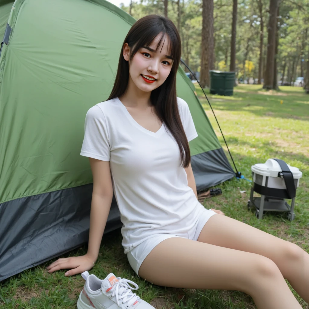 ((top-quality、in 8K、masterpiece:1.3、Raw photo))、Super high quality photos, ((In the dense forest)), ((Captured from above)), Japan'Top idol women with perfect beauty, Perfect beauty, ((slim figure))、((der riese))、((Wear a white see-through shirt)), ((not wearing bra)), (( are protruding)), tropical jungle、 (Photorealistic: 1.4), (Ultra-high detail), (hyper realisitic: 1.4), (Realistic: 1.3), (Smooth lighting: 1.05), 1girl in, Solo, (Japanese actressl), 20yr old, Full body, ((camel's toe)), ((der riese)), Size difference, cinematlic lighting, ((slim thigh)), ((Perfect beauty)), ((The most beautiful face)), ((Transcendent beauty)),tropical jungle、((with spreading legs)), ((In the dense forest)), ((slim figure)), ((pitch a small tent at the campsite)), ((Little people々々fleeing)),((Captured from above)), Real rain, wetting hair,