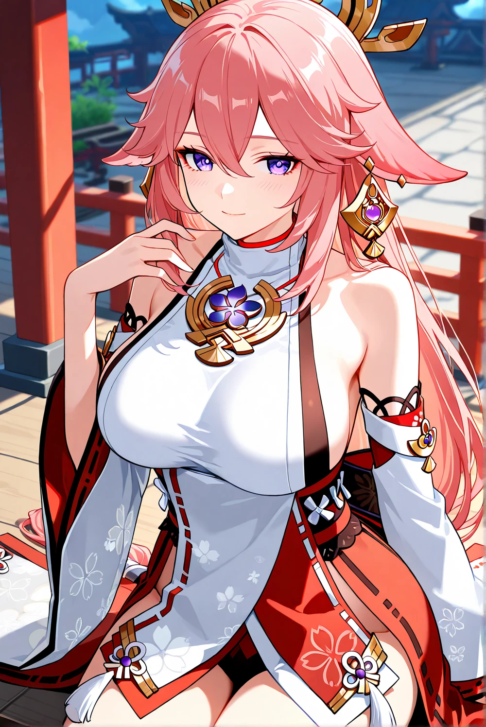 Yaemikodef, (genshin impact), oeuvre d'art, super detailed, magnifique, Haut du corps, sourire, rougir, corps plantureux, sublime femme, huge-breast, belles cuisses nue, dehors, jour, sinple background, Ciel bleu, Cheveux courts, ciel, temple, Regarder le spectateur, escalier, montagne, moody lighting, facing viewer,