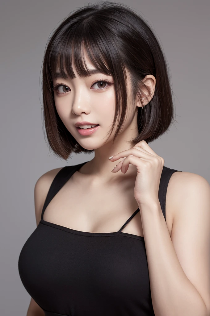 (sfw:1.5),(masterpiece, highest quality),1 girl, Cute beauty、alone, Looking at the audience, Highly detailed shiny short bob hairstyle:1.4, short hair:1.8、Beautiful symmetrical face、Beautiful and attractive woman、Whity, lips, bangs, Outdoor, Mouth closed, Upper Body、Big eyes、eyelash、((Very simple black background:1.8))、(((Looking at the audience、Show me your ears、Long neck、smile、smile)))、Ideal body type、(((huge big breasts , Cleavage:1.6、Happy smile、Beautiful Teeth)))、(Anatomically correct)、(Perfect body proportions)、(Natural Legs、Natural Hands、Natural Fingers)、 ((Round face)), Realistic Eye Size, Big Eyes、Droopy eyes