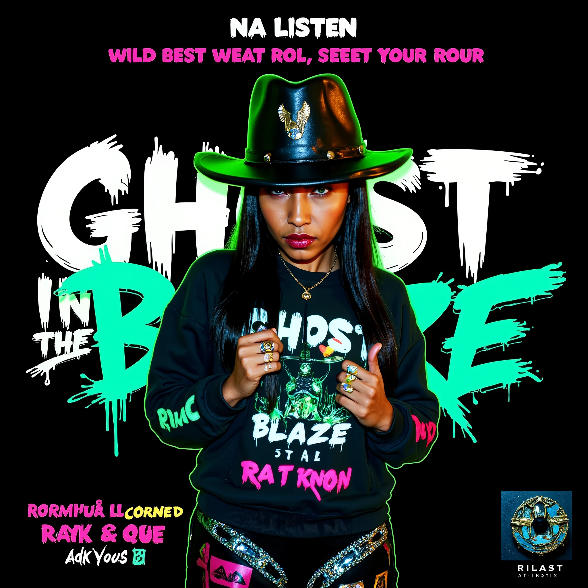 a album cover for the song with bold text "Ghost in the blaze" gorgeous Carmel skin female cowgirl with green eyes wearing a cowboy 🤠 streetwears borderless sweatsuit design with matching cowboy hat, bold text that says "NA LISTEN", neon green, holographic, glowing, futuristic, dynamic pose, 3d render, unreal engine, cinematic lighting, vibrant colors, detailed textures, hyper realistic, 8K, professional, masterpiece, ((RAW Photo), absurd, (absurdresolution)), masterpiece, best quality, (Extremely detailed 8k unity CG wallpaper), (best illustration), (best shadow), Realistic lighting, beautiful detailed glow, ((21 years old)), girl, long black hair, black queen, accessories, apple in hand, poisoned apples, witch queen, red lipstick, (((Photographic Perspective of her)))