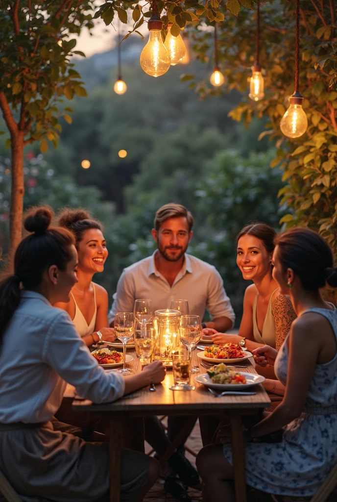 "An elegant outdoor dining scene at a villa's garden during the early evening. The setting features a long wooden table beautifully set with white linen tablecloths, fine china, sparkling crystal glasses, and polished silver cutlery. Candles and small floral centerpieces add a touch of luxury. A diverse group of guests, including two women in their 30s, one South Asian and one Caucasian, and two men in their 40s, one Black and one Hispanic, are enjoying a gourmet meal. They are laughing, engaged in lively conversation, and savoring their food. The background shows lush greenery and tall trees gently swaying in the breeze. Warm, soft lighting from the setting sun filters through the trees, casting a golden glow over the scene. The atmosphere is tranquil yet sophisticated, with a hint of luxury.
Text Elements:
Top Banner: A soft, translucent overlay gradient from light gold to transparent. Text overlaid in elegant serif font (like Garamond or Georgia): "Experience the Luxury of Dining in Nature." Color: Light gold. Slight drop shadow for readability.
Primary Text (Centered, Mid-Image): “Savor Gourmet Flavors Amidst Nature’s Beauty.” In an elegant serif font like Playfair Display or Times New Roman, in soft white or light gold with a slight shadow effect to ensure readability against the background.
Secondary Text (Bottom Right Corner): “Book your dining experience at Kawan Forest Villa now!” in a modern sans-serif font like Helvetica or Arial, in deep forest green. Include a "Reserve Now" button with a slight 3D effect in gold or white to stand out but remain subtle.
Style and Details:
Use a luxurious and natural aesthetic.
Camera Lens: 50mm lens for a balanced field of view, focusing on both the dining details and the garden.
Lighting: Evening light with a warm, golden hue to create a cozy and inviting atmosphere.
Post-Processing: Apply a soft vignette around the edges to draw attention to the center. Enhance clarity on the dining elements and guests' expressions,