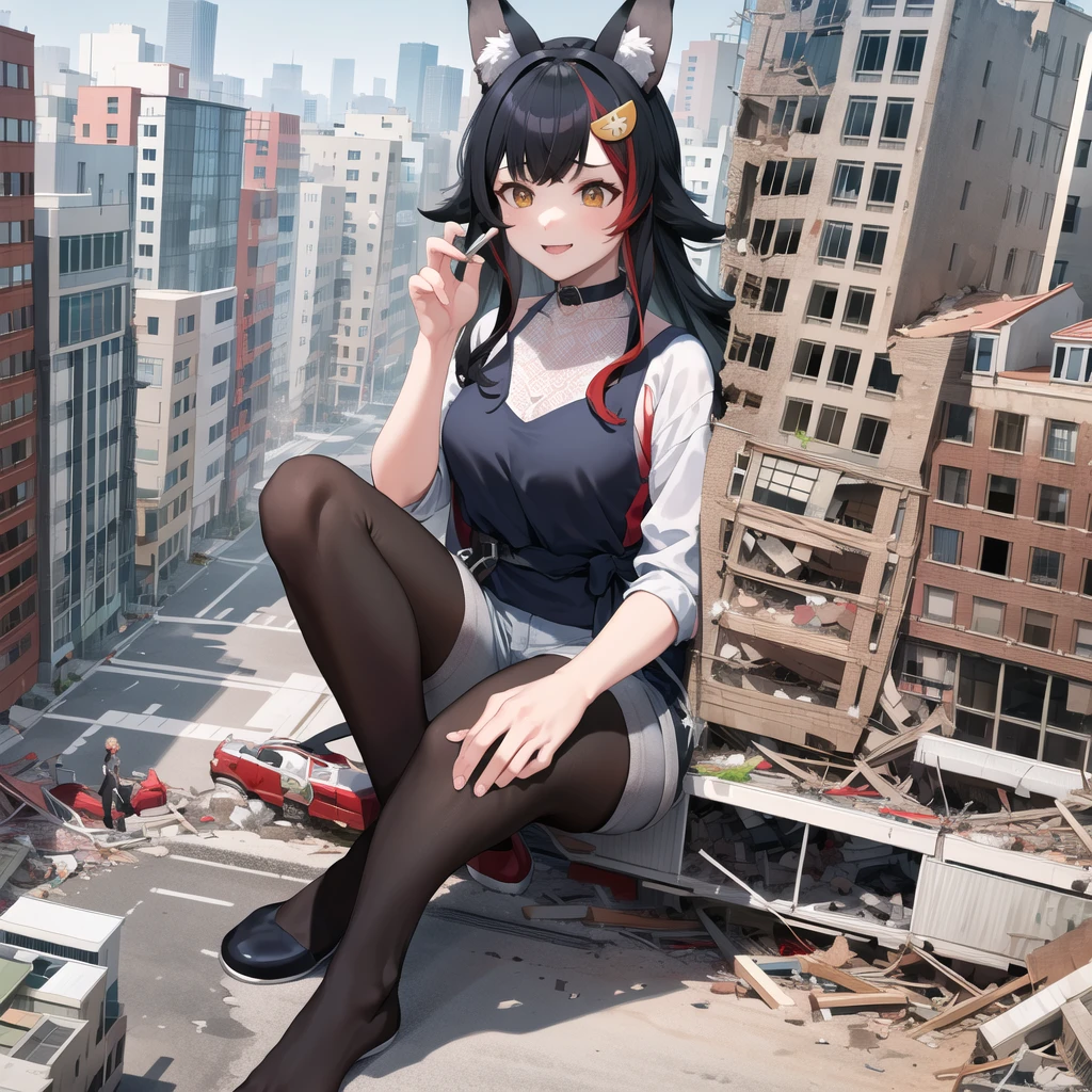 1girll, 16 yaers old, full bodyesbian, Bigger than the building,No shoes,{Black stockings},Black jacket with white shirt ,Blue tie,Black hair,Wolf ears,Light red eyes,A cold expression, Destroyed buildings, Sit on a destroyed building,The one who was trampled to death,blood on ground,GTSCity, As a giantess, Bright pupils, Smile, Naughty face, 16k, High quality, High details, Anatomically correct, Textured skin,The feet emit steam,