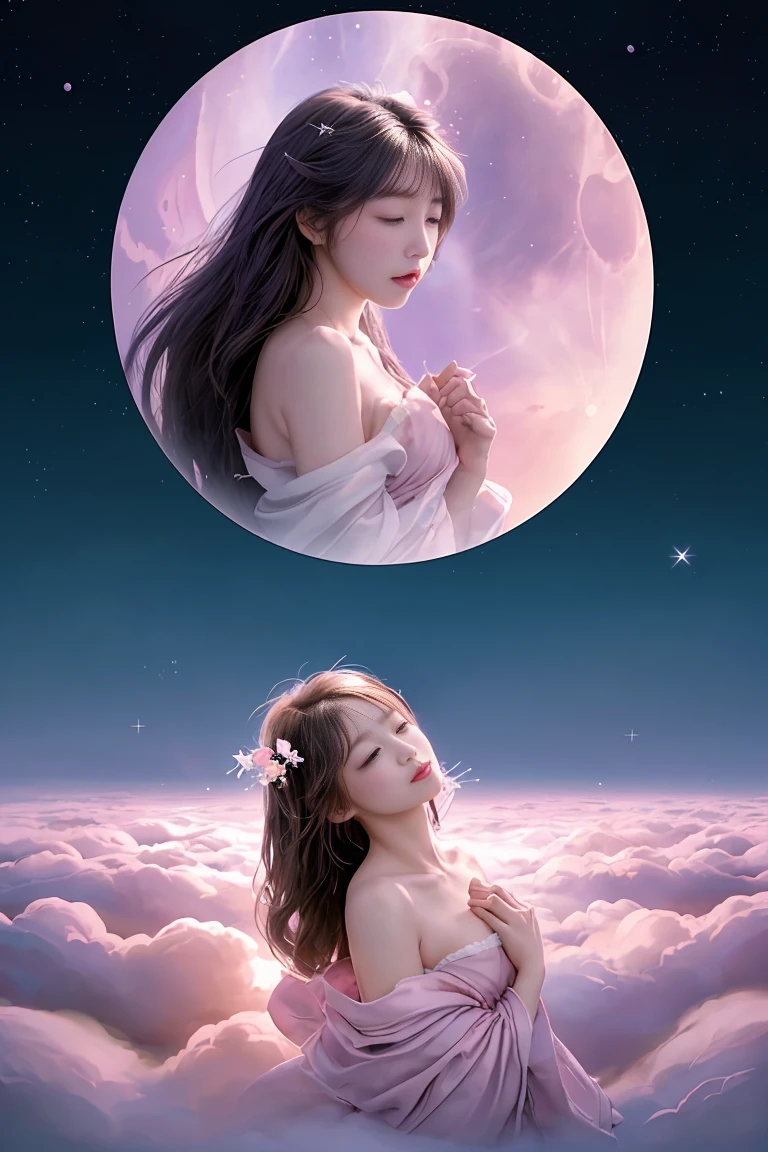 (Highest quality, 32k, High resolution, Masterpiece:1.5, ), marimo_jet, god々A photograph with brilliant dazzling and healing power., Evoking a sense of calm and elusive beauty, Expressing emotions, Have a rich imagination,Beautiful Japanese Girls, An exceptionally beautiful face, Small Face Beauty, Perfect Human Anatomy, Magical big eyes, Motherhood and generosity, Deep Love, A fleeting smile, ((shiny red hair:1.1)), ((Super Long Straight Silk Hair)), Asymmetrical bangs, Hair between the eyes, Transparent, soft white skin, Sharp eyebrows, Thin lashes, Natural Makeup, Cheek highlighter, Pale pink detailed lips, , ((White high-quality clothing:1.2)), ((Crescent moon night sky background:1.2)), Slim figure with ample breasts, ((Detailed night sky background:1.3)), moonlight, Professional Lighting, Professional photographer, Professional models, god秘的