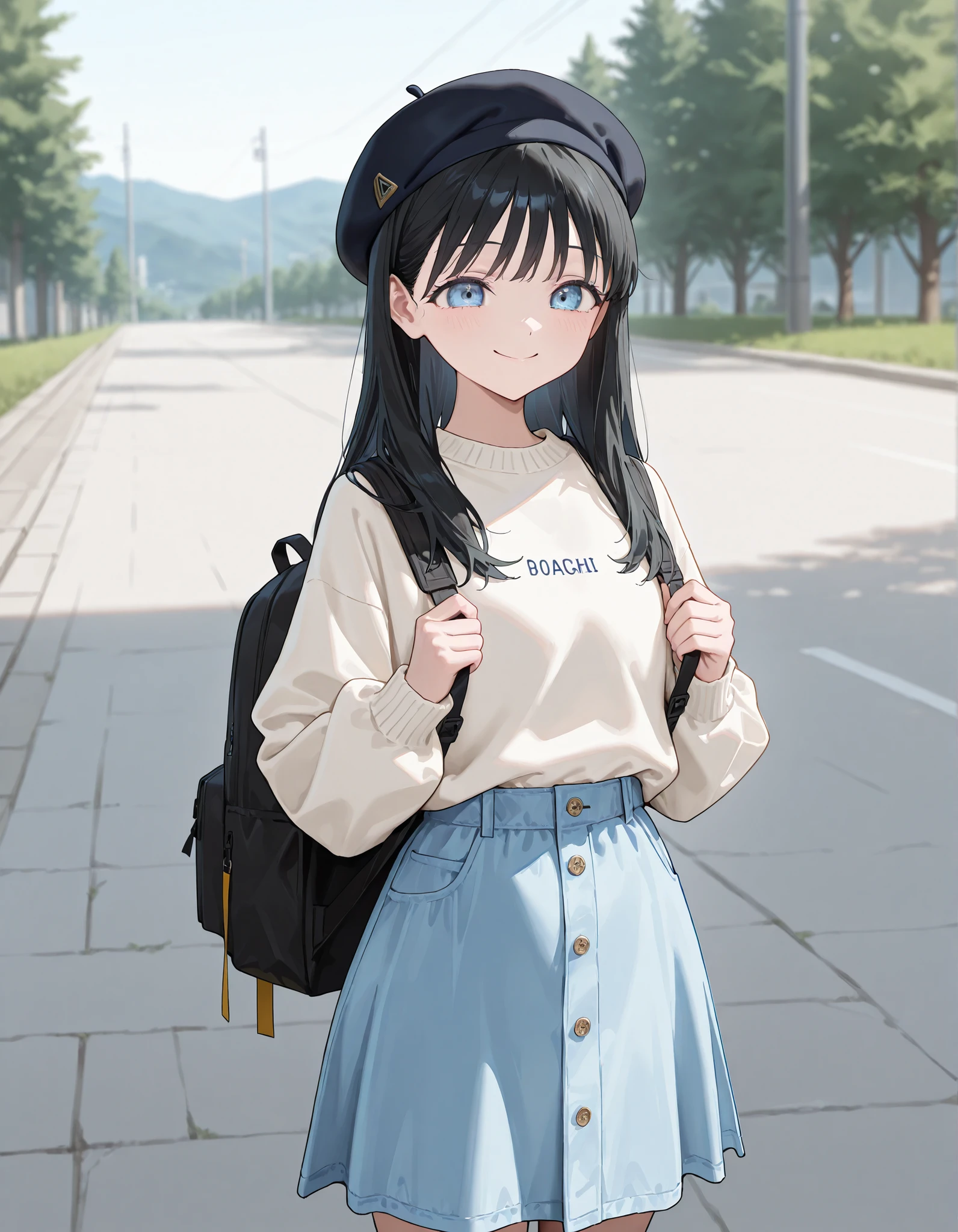1girl, komichiakebi, komichi akebi, black hair, blue eyes, long hair, (masterpiece), best quality, amazing quality, very aesthetic, smile, wearing casual outfit, wearing white sweater, blue casual skirt, OOTD, wearing black casual backpack, rugsack, wearing black beret, standing, outdoor