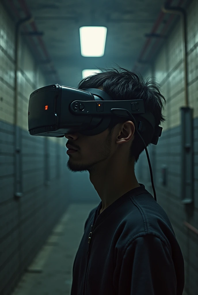 a very thin, malnourished, pale person of African descent, wearing dirty and torn clothes, wearing a virtual reality glasses, sitting on the floor next to an outlet with a power cord plugged into the photorealistic virtual reality glasses --auto --s2