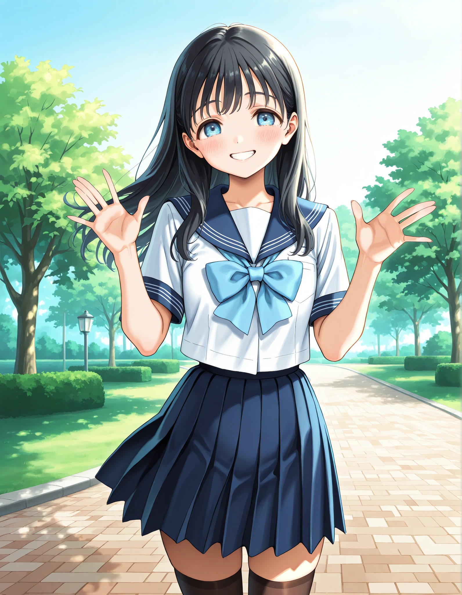 masterpiece, best quality, solo, 1girl, 1girl, komichiakebi, komichi akebi, black hair, long hair, blue eyes. The top is a white sailor uniform with blue sailor collar and cyan bowtie. For the skirt, pair it with a blue pleated skirt for a cute look. For your feet, pair brown loafers with bkack thighhighs for a vintage look. with blush cheeks, smile, teeth, waving hands, official art, dynamic fuzziness, colorful, cowboy shot, outdoor, park, standing, fullbody