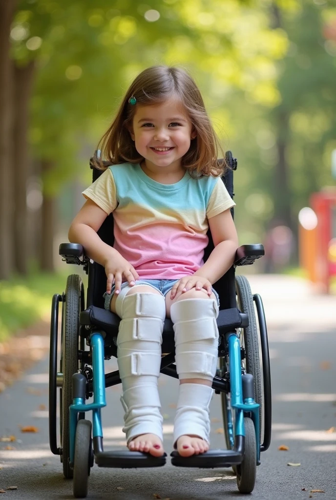 Uma menina com cabelo castanhos liso,branca e olhos castanhos em uma cadeira de rodas cor roxa em um parque Disney pixar