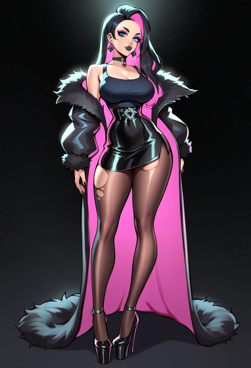 female, black long hair with magenta trim, silver eyes, wolf ears, wolf tail, (((1girl))), (((black and magenta dress))), (black detached sleeves), (black stockings), (black heels), (gold jewelry), cute and sexy, full body, large breasts, long legs, smiling