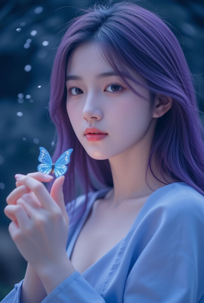 best quality, masterpiece,photorealistic, (realistic:1.2), 1 girl, purple hair,upper body,elegant, look at viewer,detailed face, earrings,necklace, crying,wedding dress, flower hairband, beautiful eyes, blue butterflies, <lora:iu_V35:1>