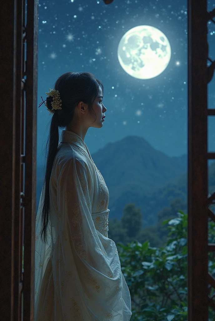 /imagine prompt: A figure in traditional Chinese attire standing by a window, gazing at a large, luminous full moon in the night sky. The moon is bright and round, casting a silvery glow across the room. Delicate silk robes flowing softly in the gentle breeze, intricate patterns on the fabric, serene expression on the person's face, soft light illuminating their features. The window frame adorned with elegant carvings, lush greenery visible outside, stars twinkling in the deep blue sky, creating a peaceful and contemplative atmosphere --v 5 --ar 16:9