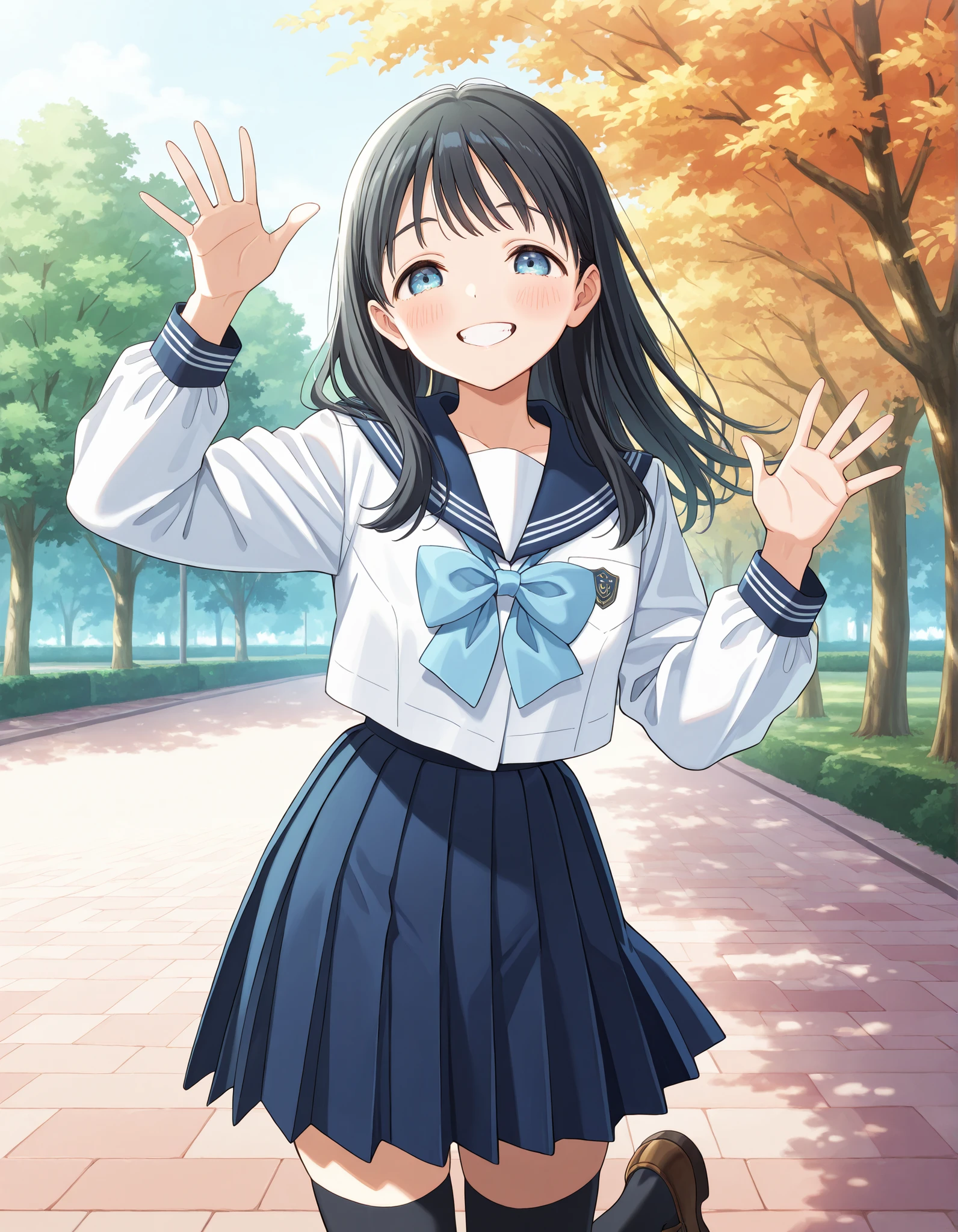 masterpiece, best quality, solo, 1girl, 1girl, komichiakebi, komichi akebi, black hair, long hair, blue eyes. The top is a white long sleeves sailor uniform with blue sailor collar and cyan bowtie. For the skirt, pair it with a blue pleated skirt for a cute look. For your feet, pair brown loafers with bkack thighhighs for a vintage look. with blush cheeks, smile, teeth, waving hands, official art, dynamic fuzziness, colorful, cowboy shot, outdoor, park, standing, fullbody