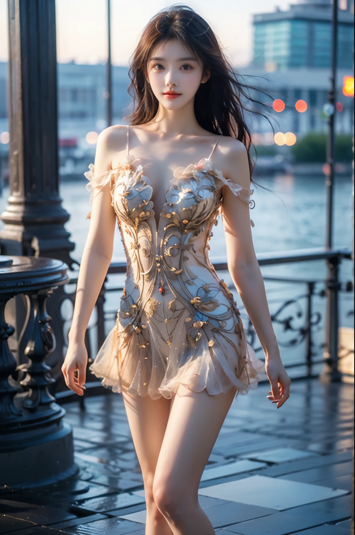 ,,(Masterpiece, best quality, Super high, realistic: 1.3), realistic, beautiful young woman, (Standing posture), (Big bust, deep V-neck), (Very short hemline), (Supermodel: 1.2), (perfect leg shape: 1.3), model pose, one leg straight in front of you, the other leg naturally bent, elegant poses, random scenes, random shooting angles, (delicate smile: 1.1), (Depth of field: 1.3) 0.8), Bokeh: 0.8), aesthetic, romantic atmosphere, soft lighting, dreamlike, cinematic lighting, beautiful, gorgeous, intricate details, sharp focus